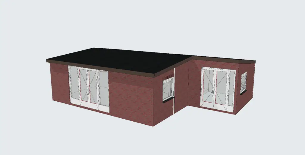 Een 3D-rendering van een klein bakstenen huis.